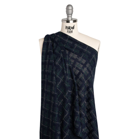 Acrylic Sweater Knit - Navy Blue, Dark Green and Gray Plaid - Designer Deadstock