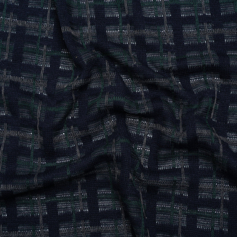 Acrylic Sweater Knit - Navy Blue, Dark Green and Gray Plaid - Designer Deadstock
