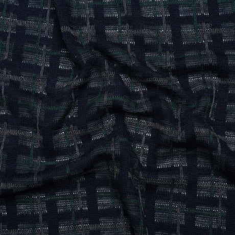Acrylic Sweater Knit - Navy Blue, Dark Green and Gray Plaid - Designer Deadstock