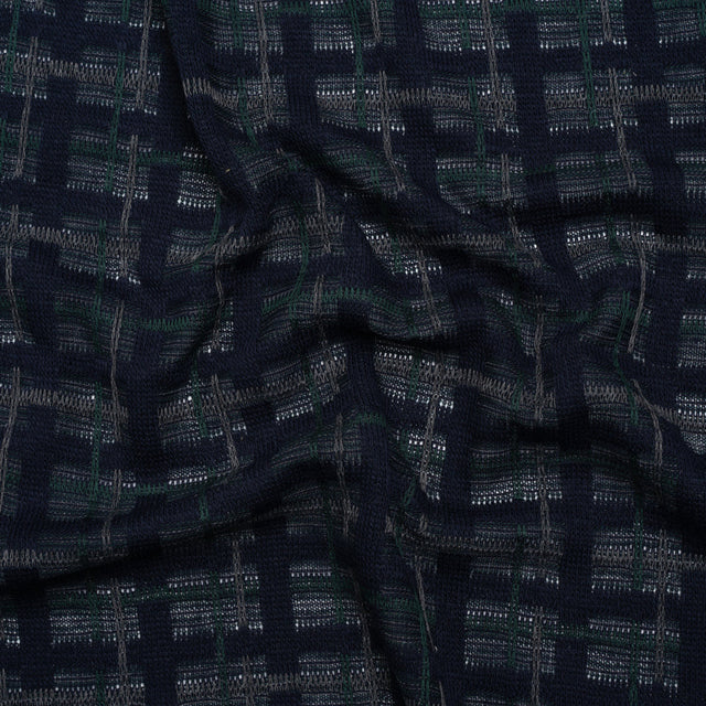 Acrylic Sweater Knit - Navy Blue, Dark Green and Gray Plaid - Designer Deadstock