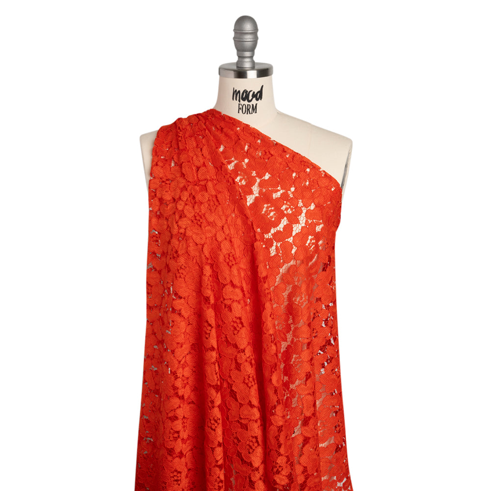 Corded Lace - Red Orange Floral - Designer Deadstock