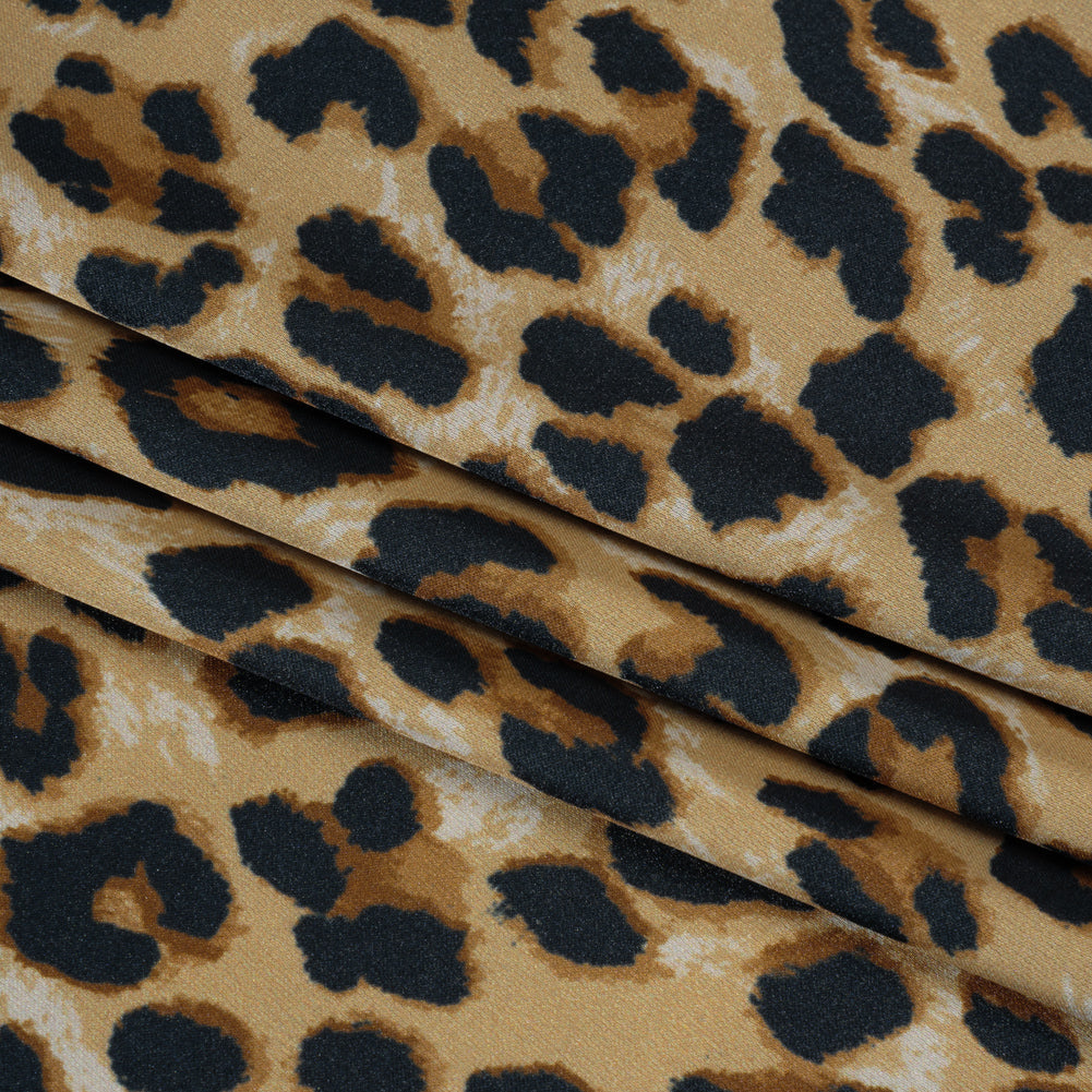 Soft Stretch Polyester Satin Print - Beige, Brown and Black Leopard Spots - Deadstock