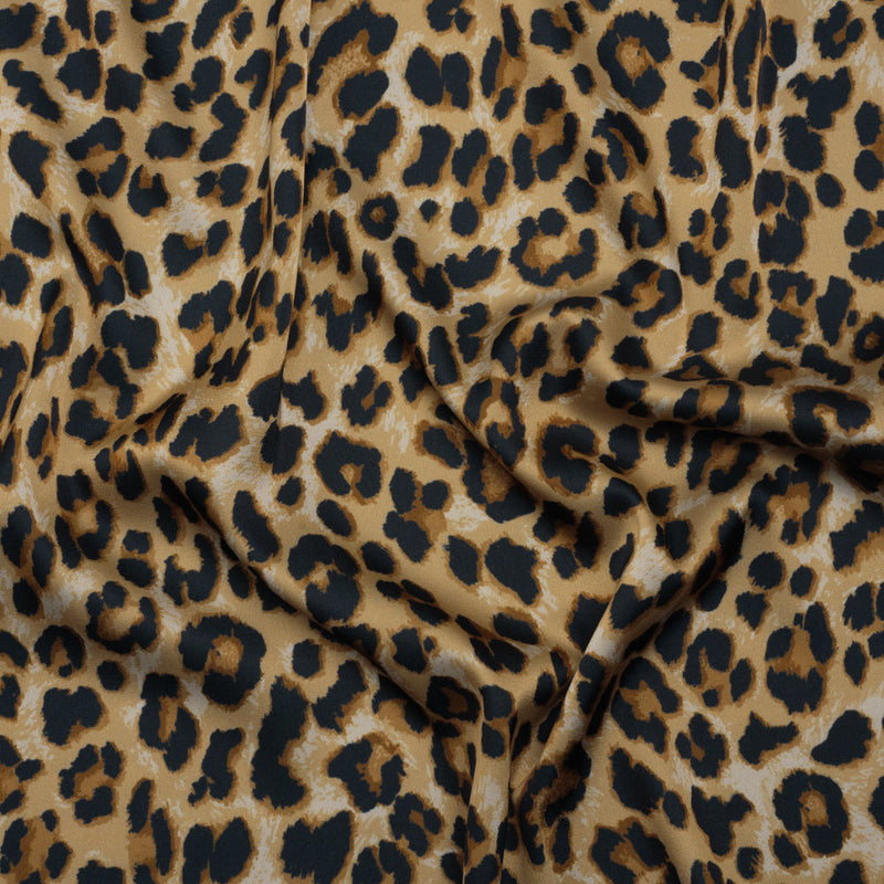 Soft Stretch Polyester Satin Print - Beige, Brown and Black Leopard Spots - Deadstock