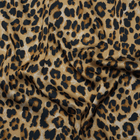 Soft Stretch Polyester Satin Print - Beige, Brown and Black Leopard Spots - Deadstock