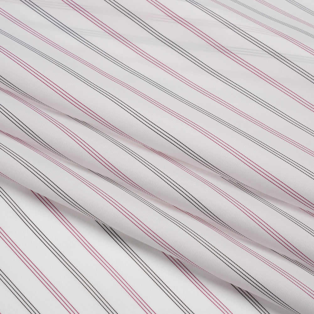 Polyester Twill Lining - White, Black and Cranberry Red Stripes - Deadstock