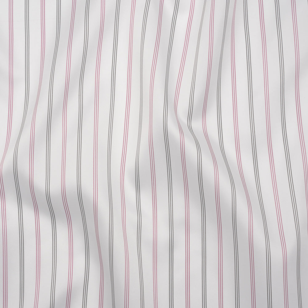 Polyester Twill Lining - White, Black and Cranberry Red Stripes - Deadstock
