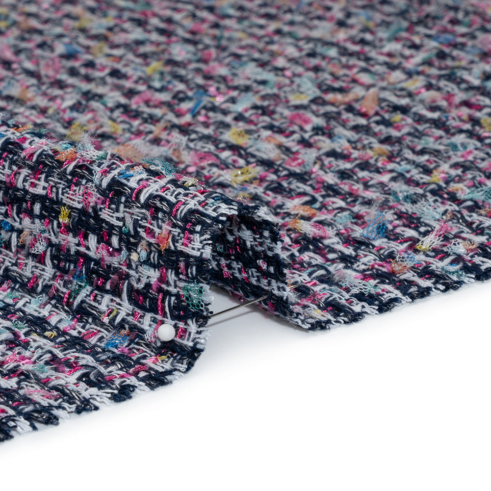 Wool Blend Novelty Tweed - Pink, Navy and White Stripes - Deadstock