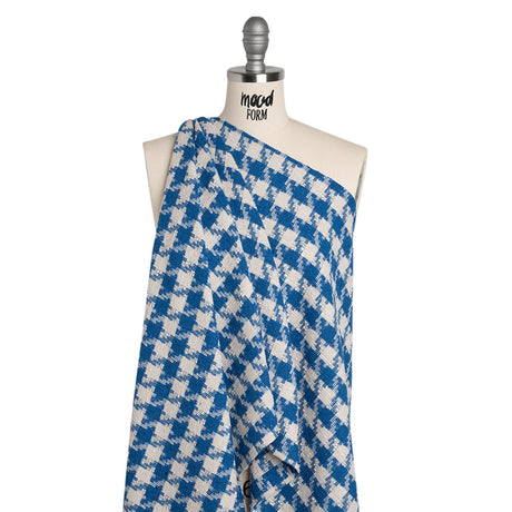 Cotton Blend Slubbed Woven - Blue and White Houndstooth - Deadstock