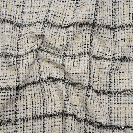 Metallic Polyester Tweed - White, Gold and Black Fringed Windowpane Check
