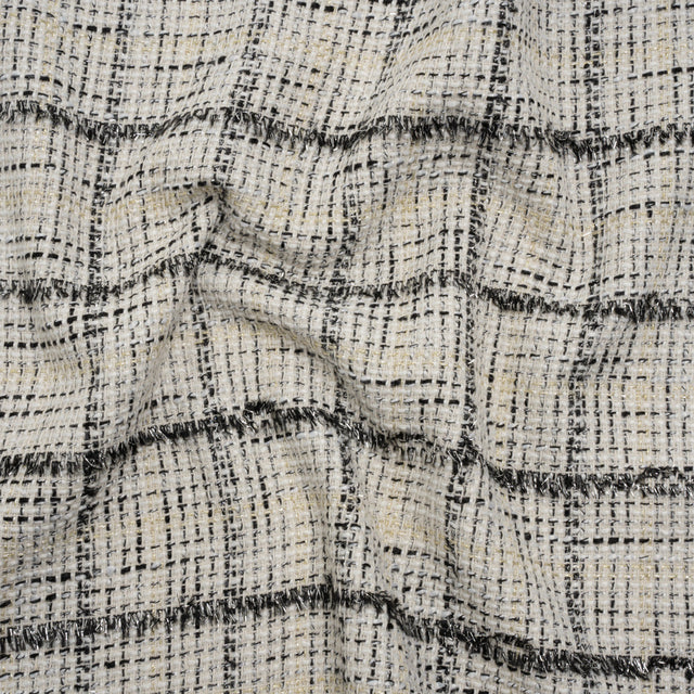 Metallic Polyester Tweed - White, Gold and Black Fringed Windowpane Check