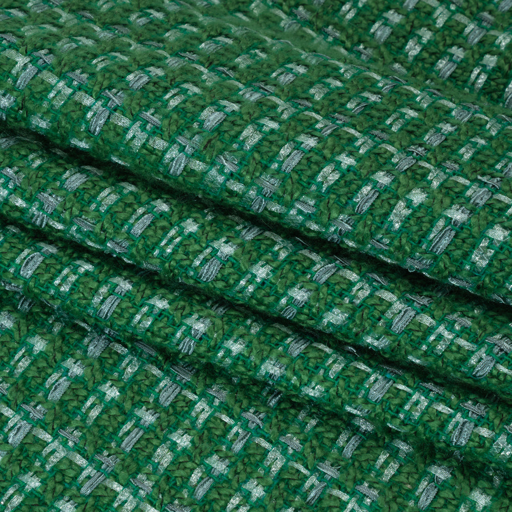 Polyester Novelty Tweed - Green and White Textured Plaid - Deadstock