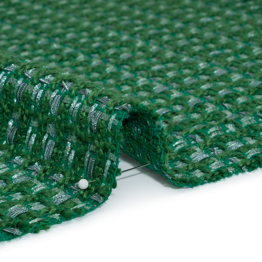 Polyester Novelty Tweed - Green and White Textured Plaid - Deadstock