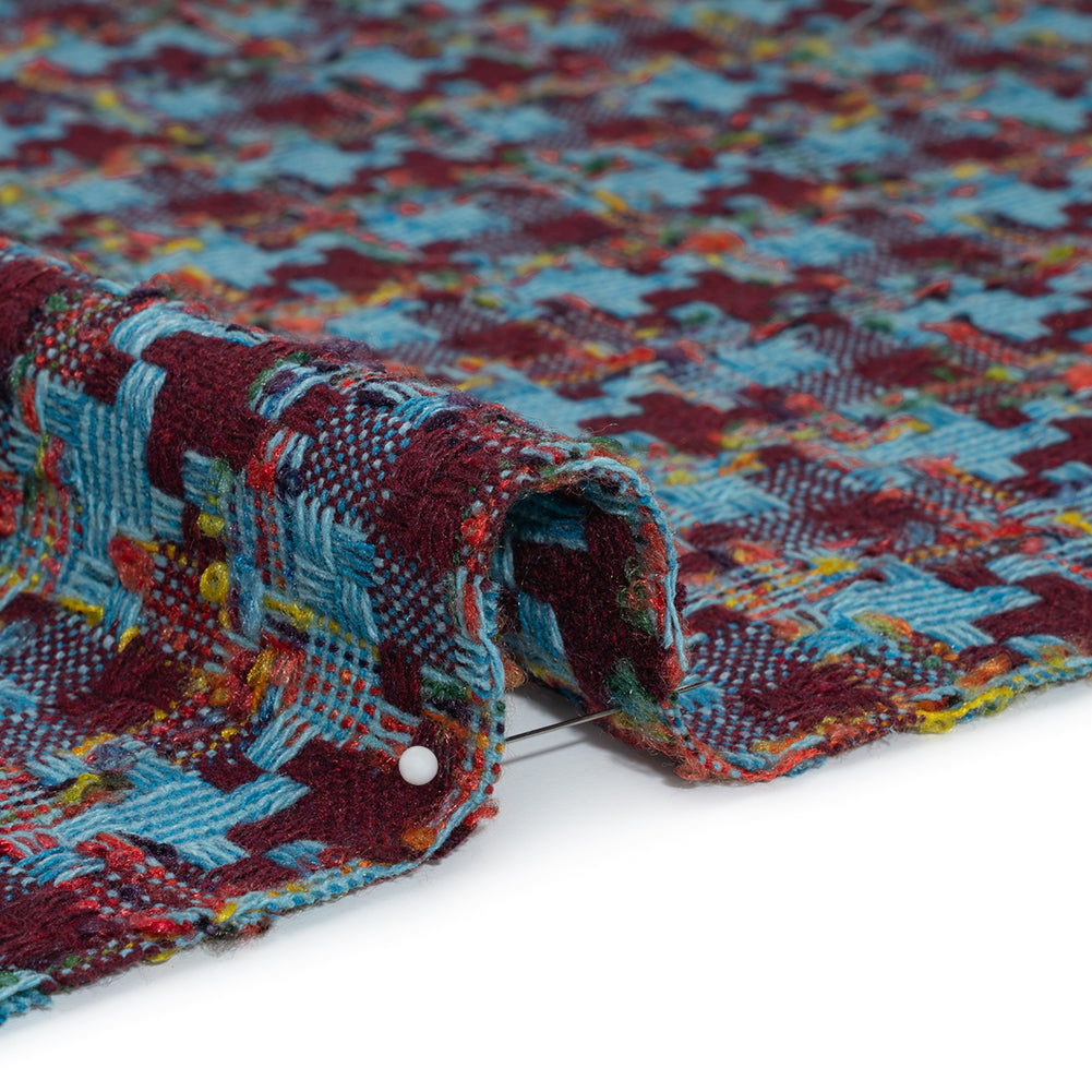 Wool Blend Tweedy Boucle Woven - Turquoise, Wine Red and Rainbow Blocky Houndstooth