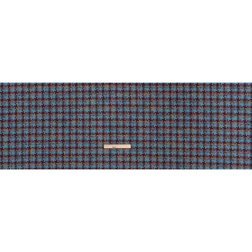Wool Blend Tweedy Boucle Woven - Turquoise, Wine Red and Rainbow Blocky Houndstooth