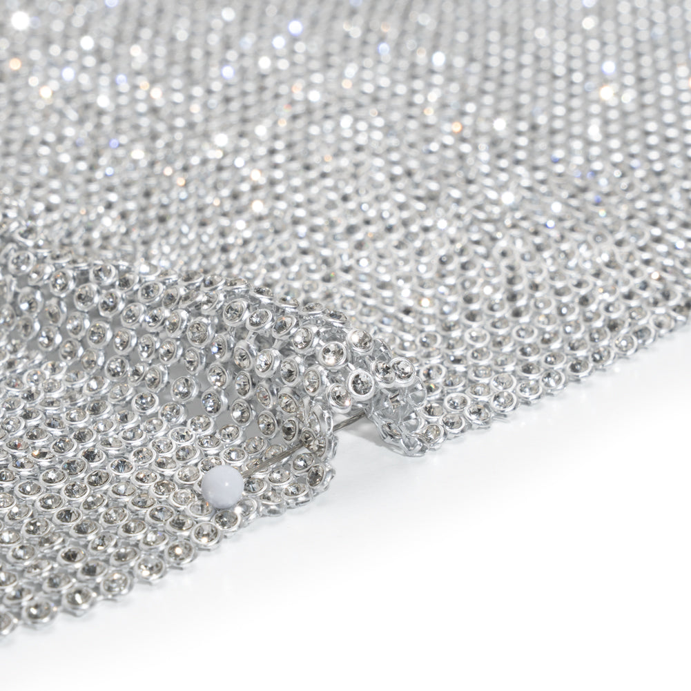 Rhinestone Aluminum Chainmail Fabric Panel, 3mm - Silver and Crystal - Astraia Collection