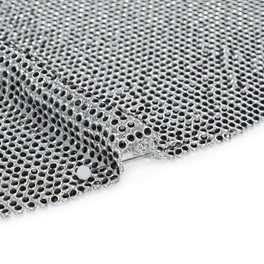 Rhinestone Aluminum Chainmail Fabric Panel, 3mm - Silver and Jet Black - Astraia Collection