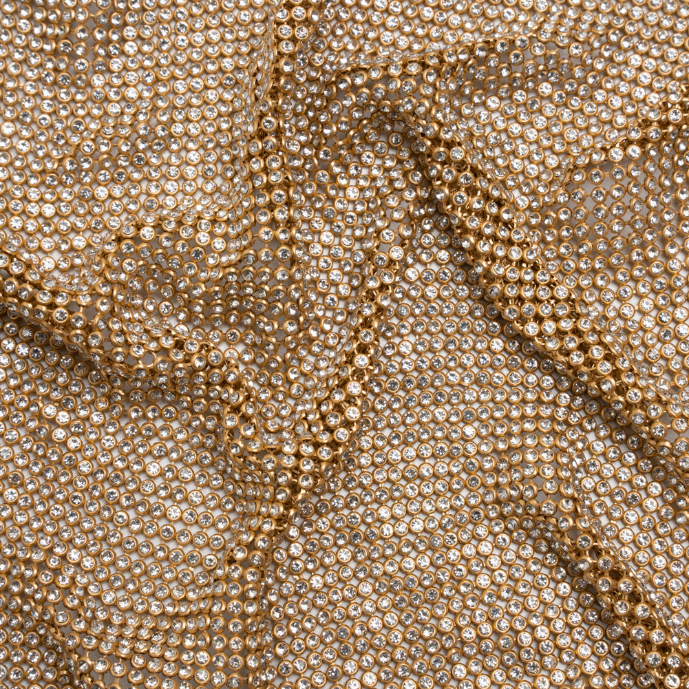 Rhinestone Aluminum Chainmail Fabric Panel, 3mm - Gold and Crystal - Astraia Collection