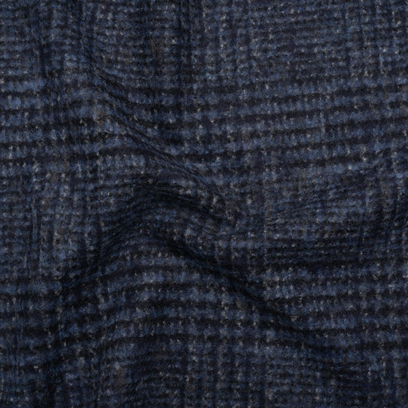 Alpaca and Wool Blend Felted Coating Made in Italy - Blue and Gray Tweedy Plaid - Deadstock