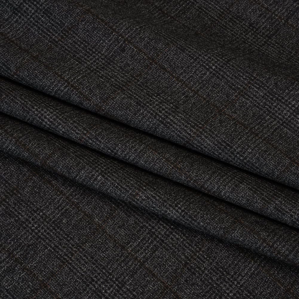 Super 130 Wool Suiting Made in Italy - Black, Gray and Brown Plaid - Deadstock