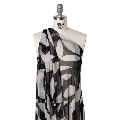 Stretch Polyester Mesh Print - Ivory and Black Abstract - Designer Deadstock