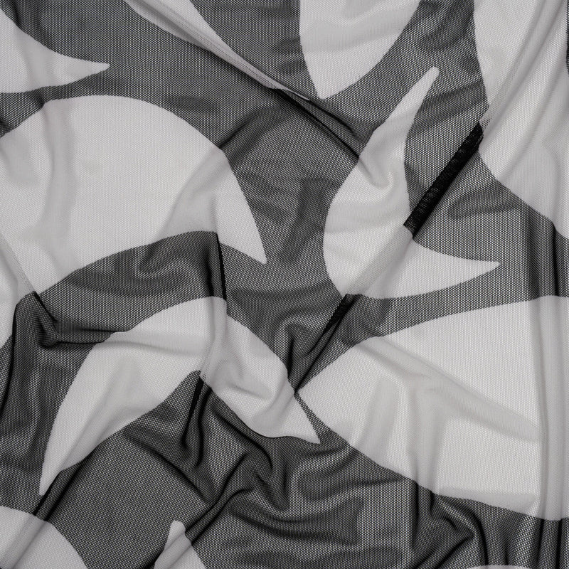 Stretch Polyester Mesh Print - Ivory and Black Abstract - Designer Deadstock