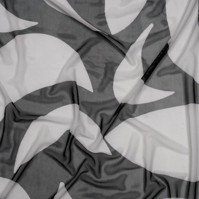 Stretch Polyester Mesh Print - Ivory and Black Abstract - Designer Deadstock