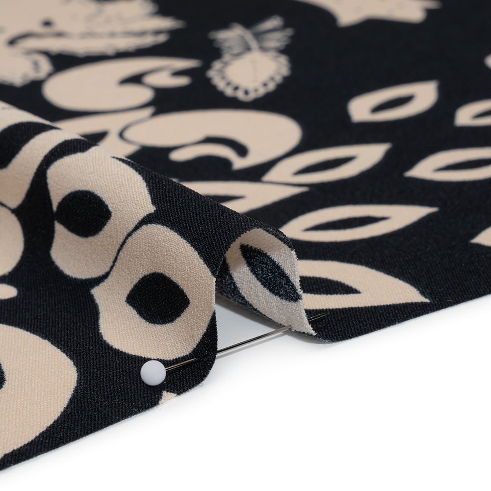 Polyester Crepe Print - Black and Beige Paisley - Designer Deadstock