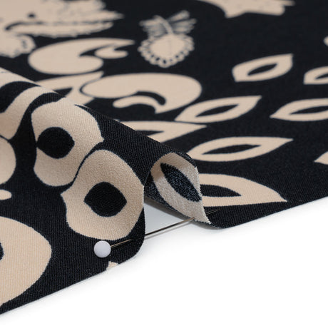 Polyester Crepe Print - Black and Beige Paisley - Designer Deadstock