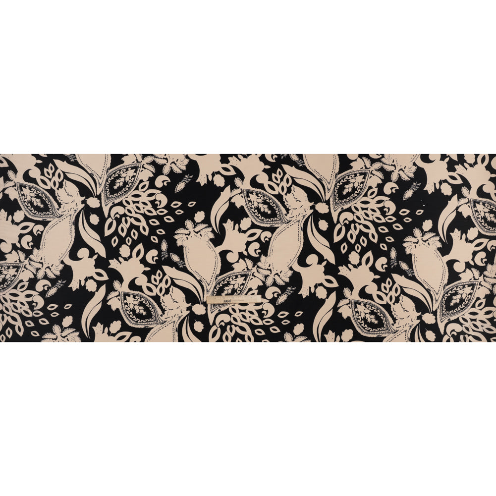 Polyester Crepe Print - Black and Beige Paisley - Designer Deadstock
