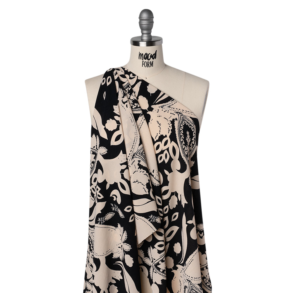 Polyester Crepe Print - Black and Beige Paisley - Designer Deadstock