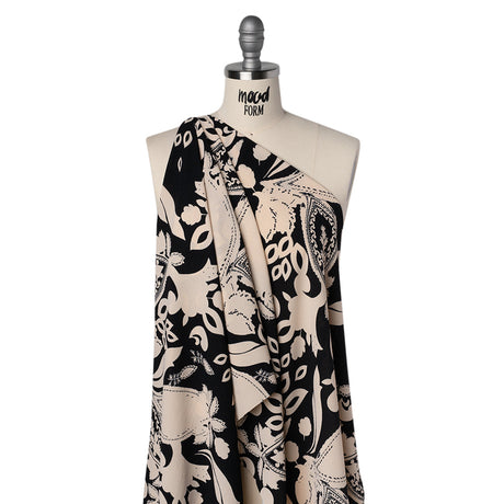 Polyester Crepe Print - Black and Beige Paisley - Designer Deadstock