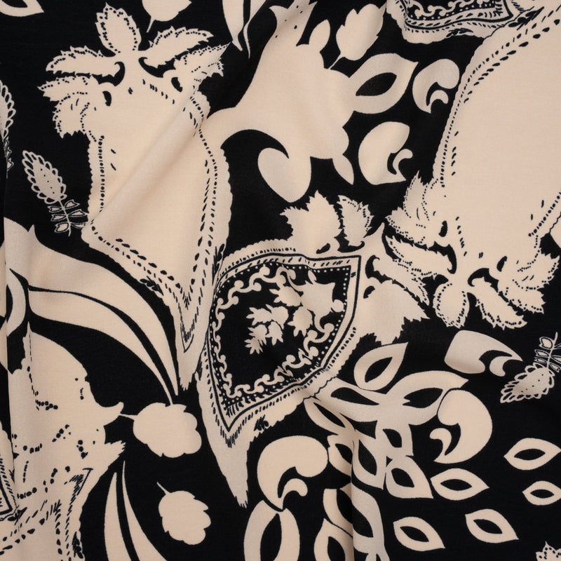 Polyester Crepe Print - Black and Beige Paisley - Designer Deadstock