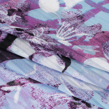 Polyester Satin-Striped Dobby with Metallic Pinstripes - Lavender, Sky Blue and Rose Abstract Florals - Designer Deadstock