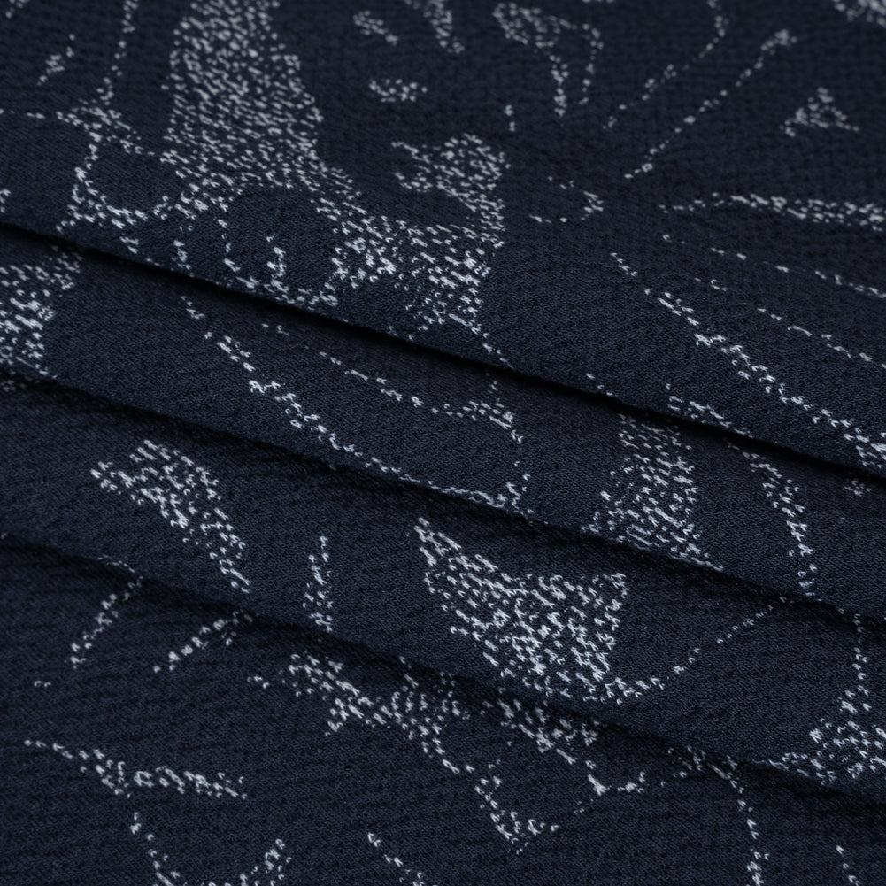 Puckered Polyester Jacquard Knit - Navy and Ivory Floral - Designer Deadstock