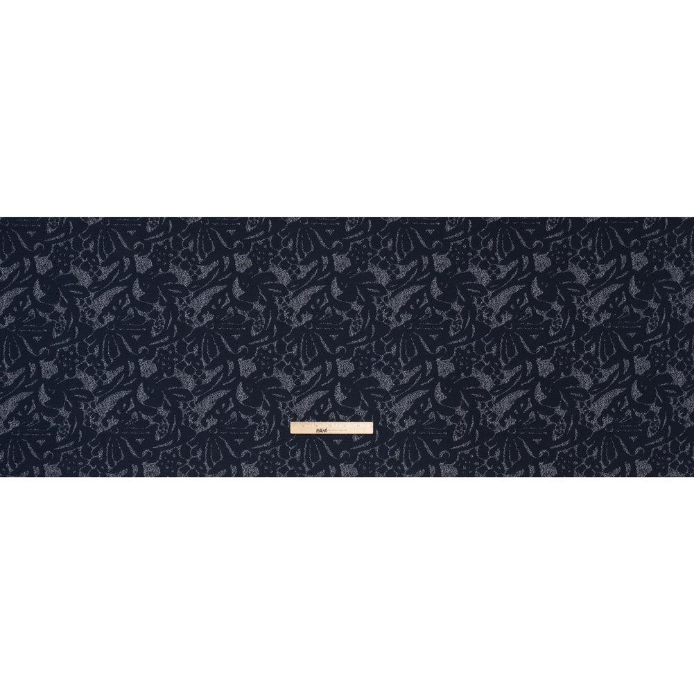 Puckered Polyester Jacquard Knit - Navy and Ivory Floral - Designer Deadstock