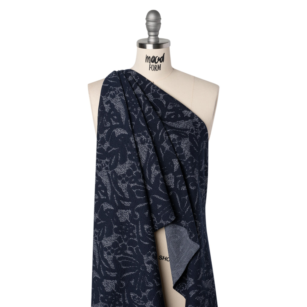 Puckered Polyester Jacquard Knit - Navy and Ivory Floral - Designer Deadstock
