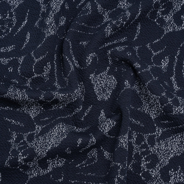 Puckered Polyester Jacquard Knit - Navy and Ivory Floral - Designer Deadstock