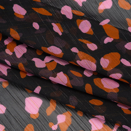 Polyester Chiffon with Metallic Gold Pinstripes - Black, Brown and Pink Abstract Spots - Designer Deadstock