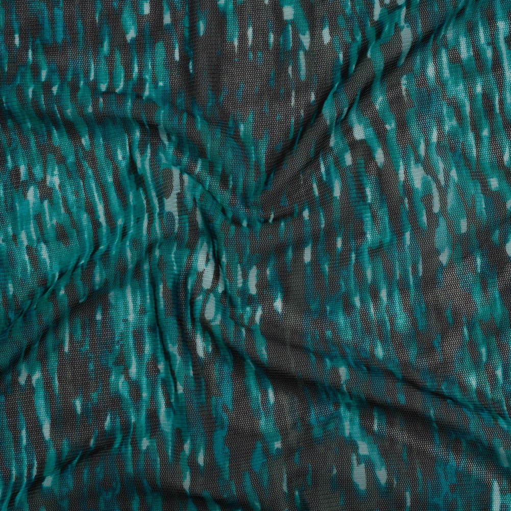 Stretch Polyester Mesh - Teal, Black and Blue Abstract Streaks - Designer Deadstock
