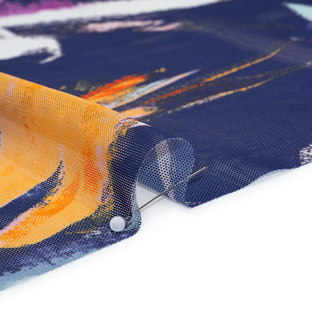 Stretch Polyester Mesh Print - Navy, Plum and Orange Painterly Floral - Designer Deadstock