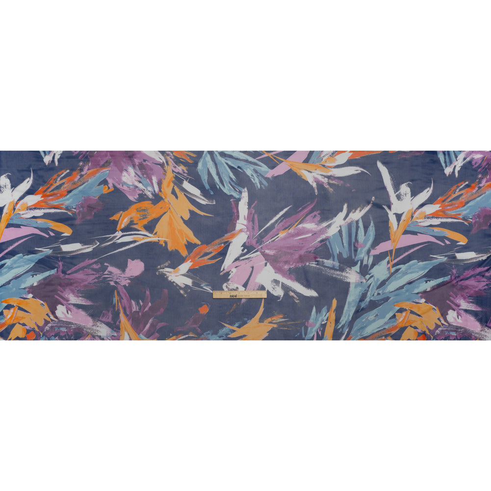 Stretch Polyester Mesh Print - Navy, Plum and Orange Painterly Floral - Designer Deadstock