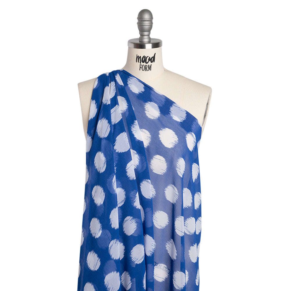 Polyester Chiffon - Cobalt Blue and White Brushed Polka Dots - Designer Deadstock