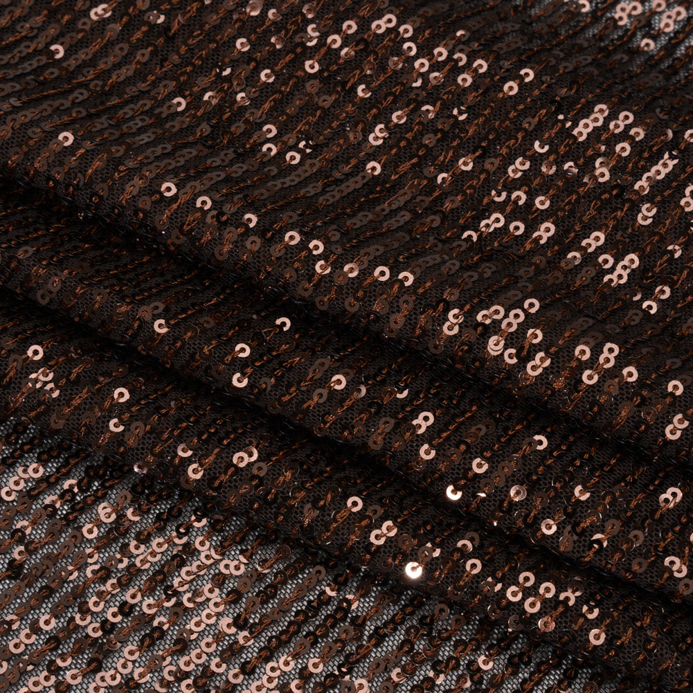 Baby Sequins on Stretch Polyester Mesh - Chocolate Brown Stripes - Designer Deadstock