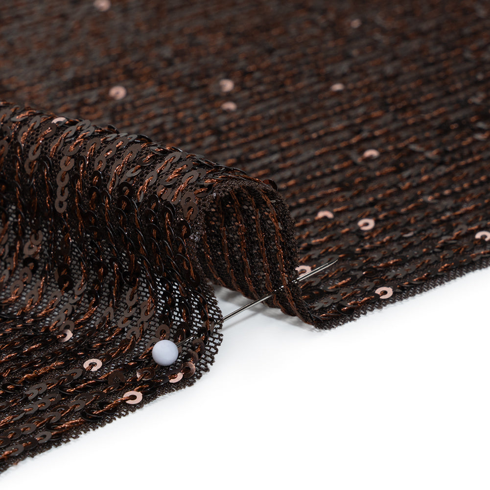 Baby Sequins on Stretch Polyester Mesh - Chocolate Brown Stripes - Designer Deadstock