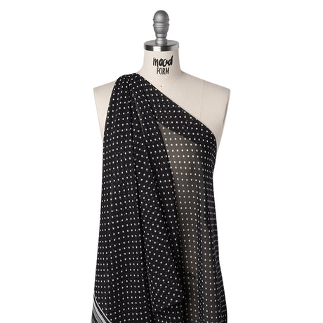 Polyester Chiffon Print - Black and White Polka Dots and Striped Border - Designer Deadstock
