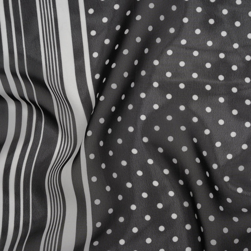 Polyester Chiffon Print - Black and White Polka Dots and Striped Border - Designer Deadstock