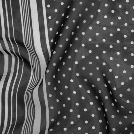 Polyester Chiffon Print - Black and White Polka Dots and Striped Border - Designer Deadstock