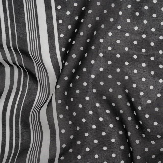 Polyester Chiffon Print - Black and White Polka Dots and Striped Border - Designer Deadstock