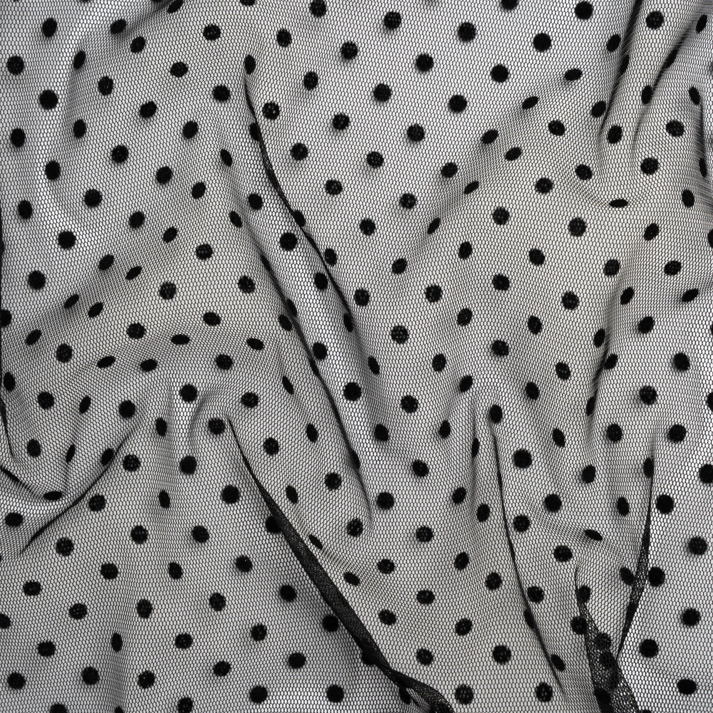 Polyester Tulle with Flocked Polka Dots - Black - Designer Deadstock