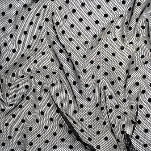 Polyester Tulle with Flocked Polka Dots - Black - Designer Deadstock